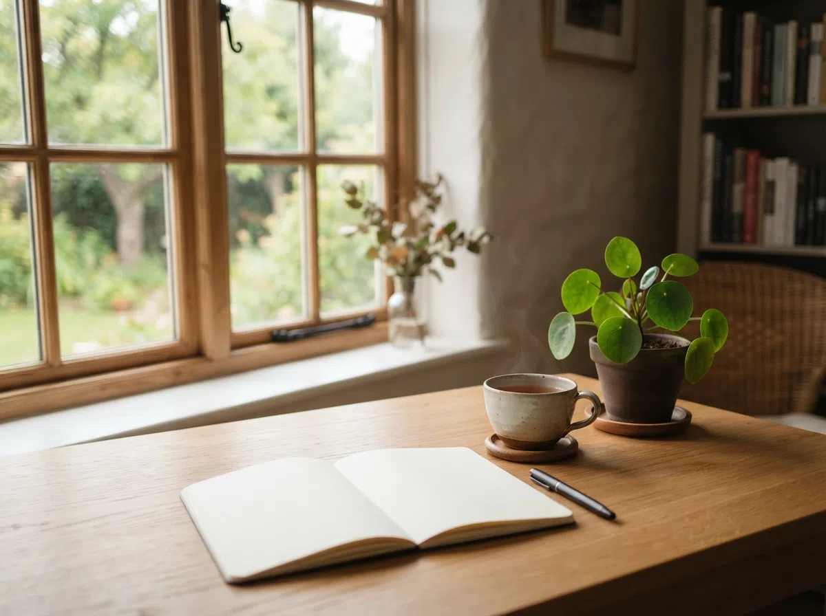 Clean workspace with notebook and plant representing Nuvo Life Energy values